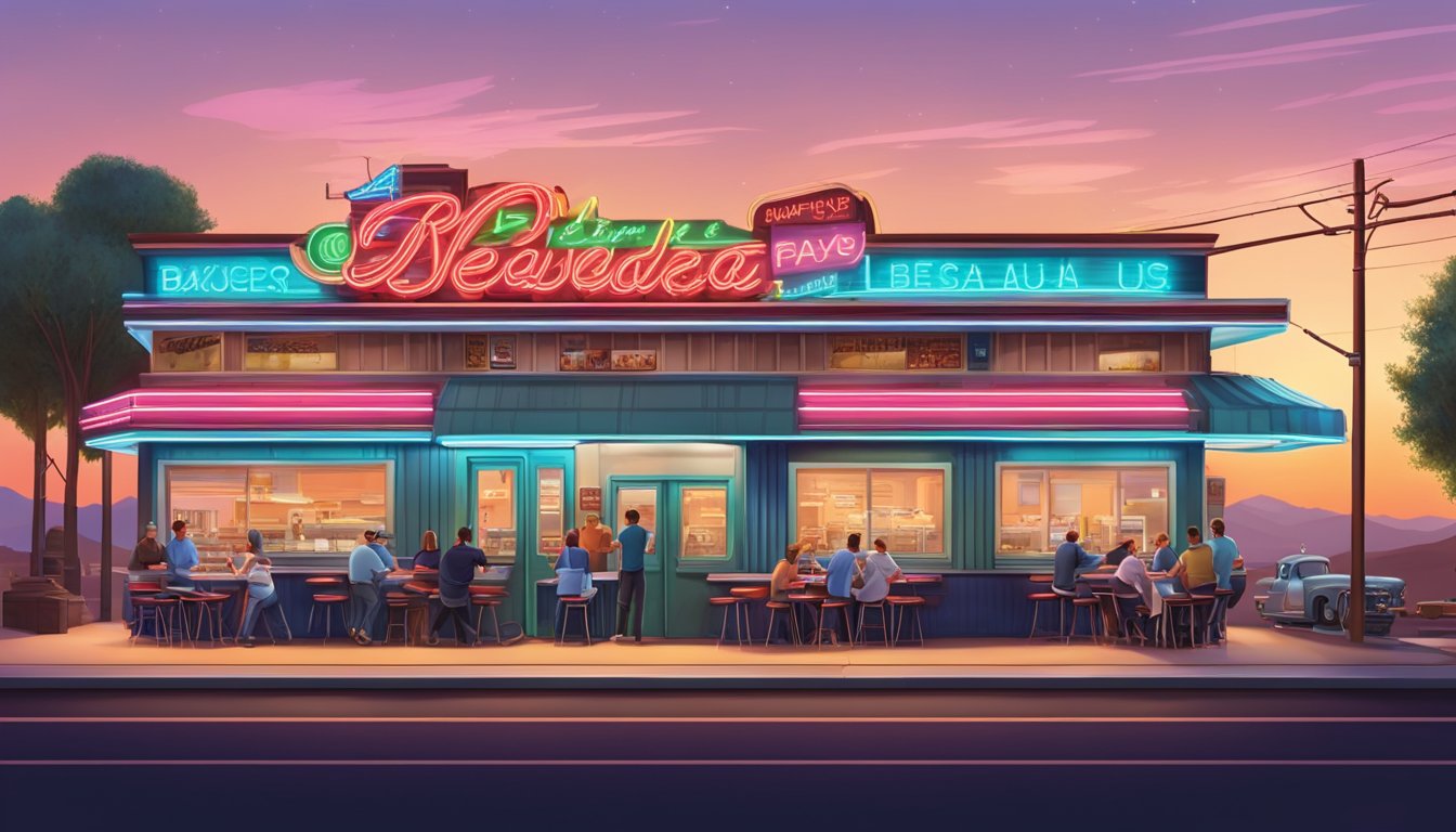 A bustling Nevada diner with iconic neon sign, serving up famous dishes like Basque cuisine and hearty steaks