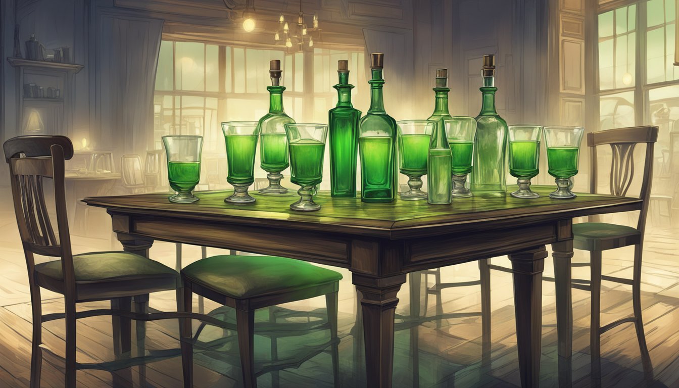 A table with multiple empty absinthe glasses and a half-empty bottle, surrounded by disheveled chairs and a hazy, dimly lit atmosphere