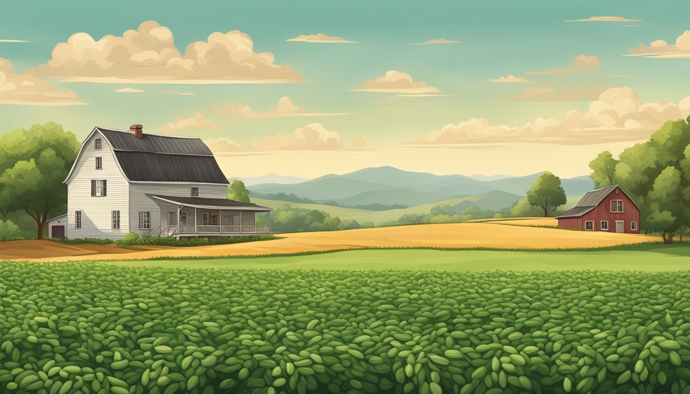 A lush field of peanuts and tobacco, with a backdrop of rolling hills and a quaint farmhouse