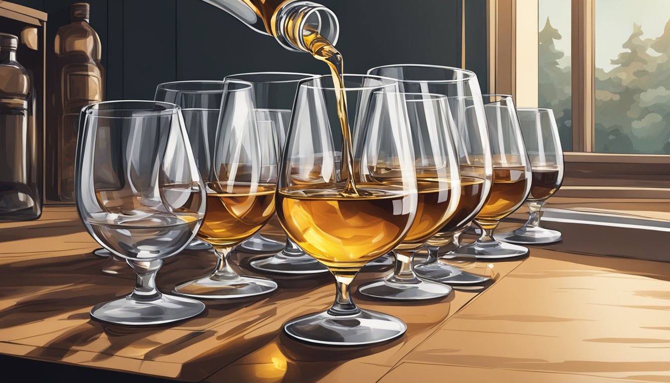 A table with multiple empty brandy glasses, one glass overflowing, and a person slumped over in the background