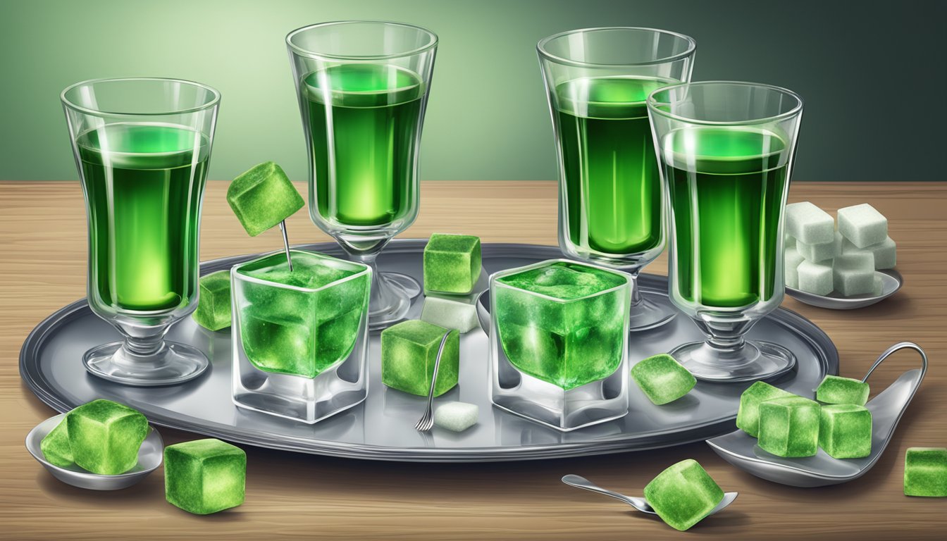 A table set with multiple glasses of absinthe, sugar cubes, and absinthe spoons