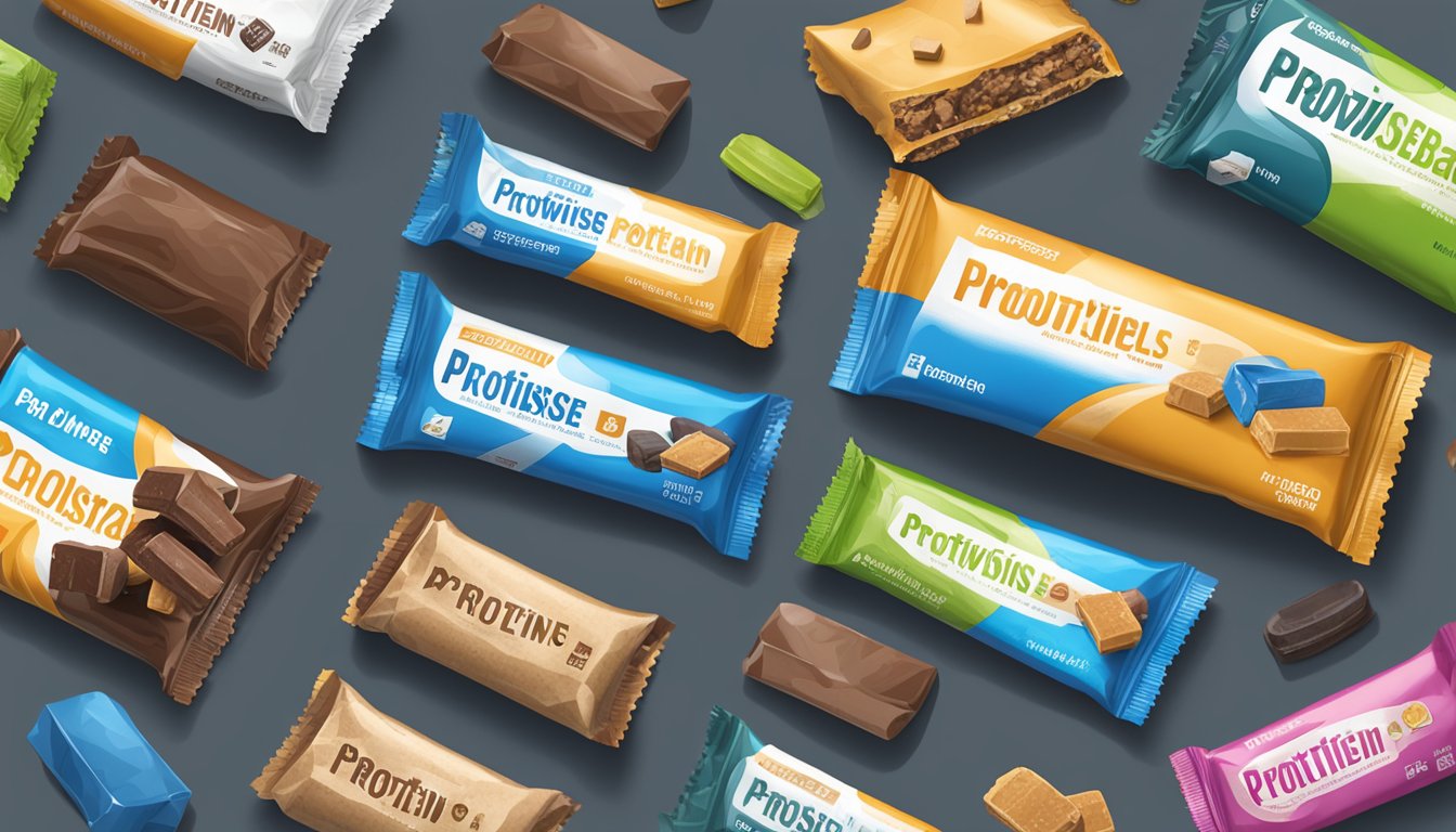 A table with an assortment of protiwise high protein bars, some partially unwrapped, surrounded by empty wrappers