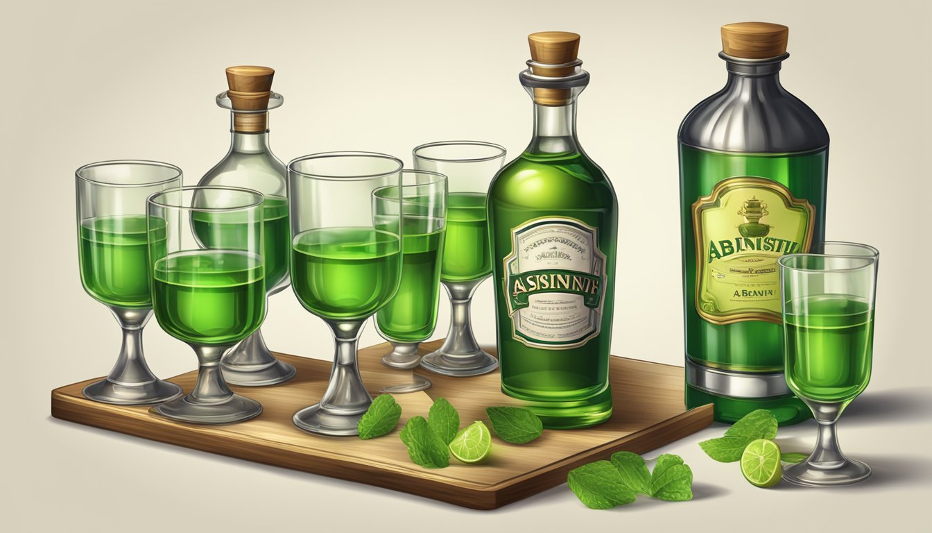 A table with multiple glasses of absinthe, a measuring tool, and a warning label