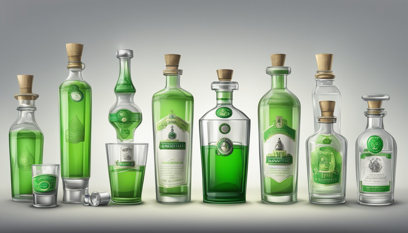 An empty, overturned absinthe glass surrounded by multiple empty bottles, with a warning label visible