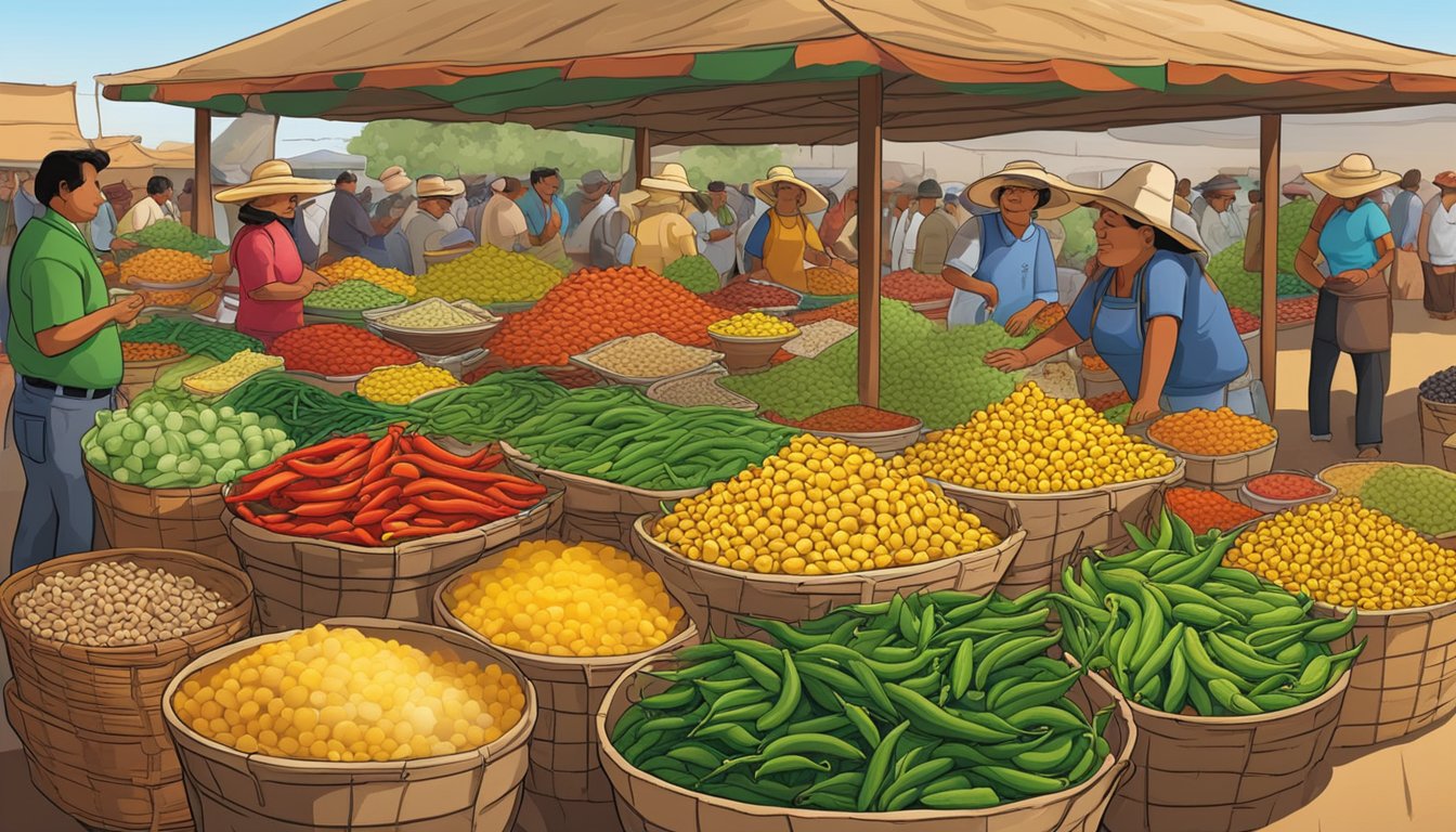 A bustling New Mexican market with colorful displays of chilies, corn, beans, and tortillas. The aroma of roasted green chilies fills the air