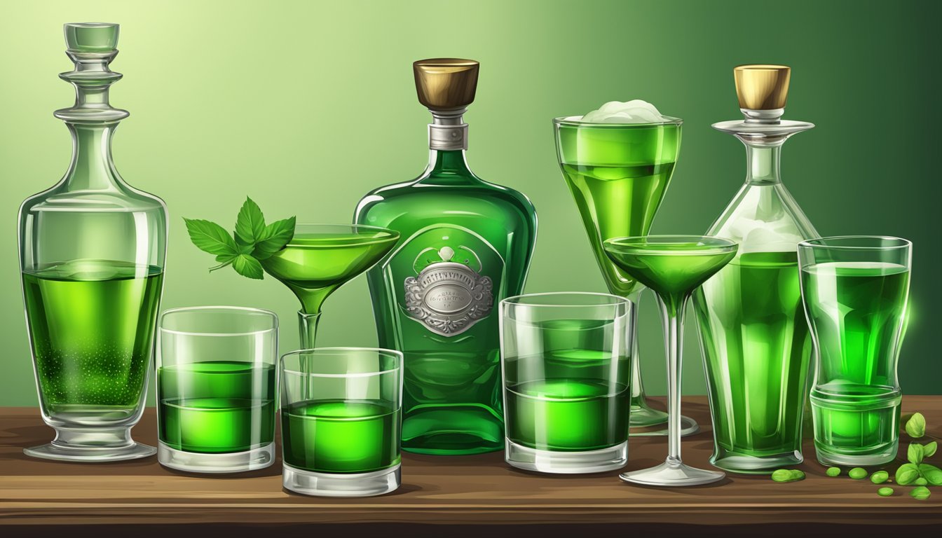 A table with multiple bottles of absinthe and various absinthe glasses, some empty and some filled with the green liquid