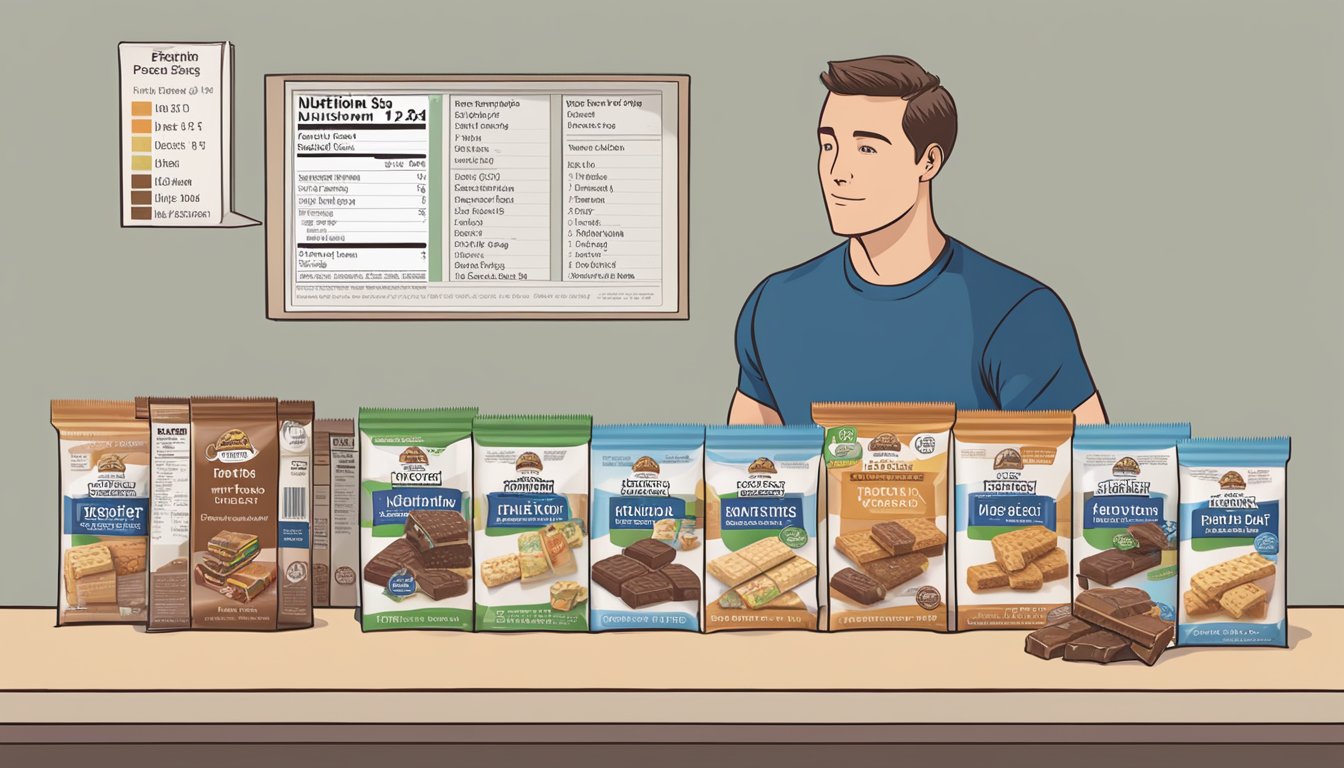 A table with an array of Protidiet high protein bars, with a nutrition label showing serving sizes and a person pondering over them