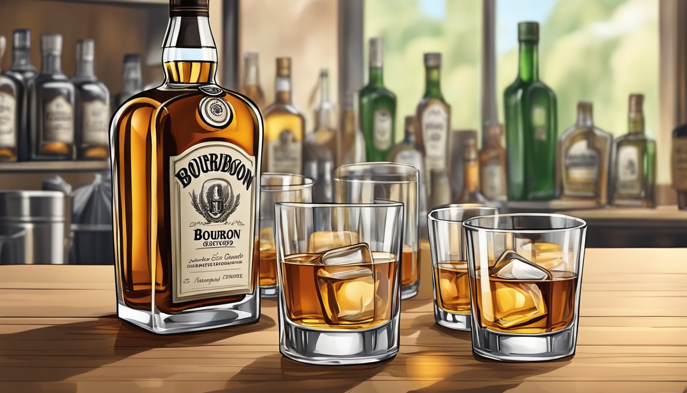 A standard drink of bourbon is poured into a glass, with additional bottles of bourbon in the background