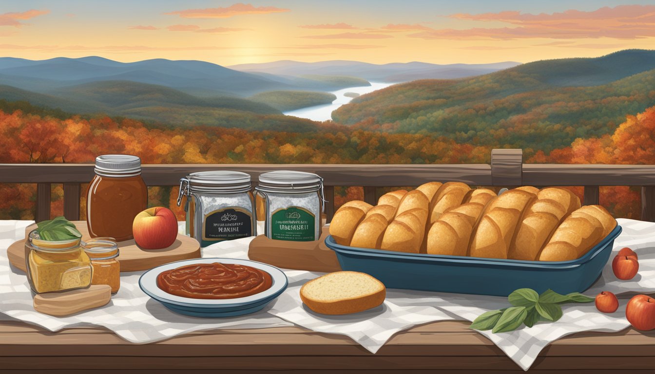 A table spread with pepperoni rolls, ramps, and apple butter jars, surrounded by scenic West Virginia mountains