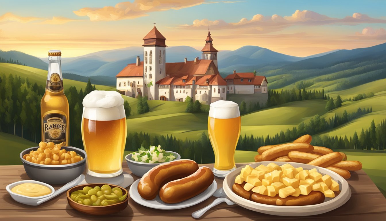 A table set with bratwurst, cheese curds, and beer, surrounded by rolling hills and a traditional European-style building