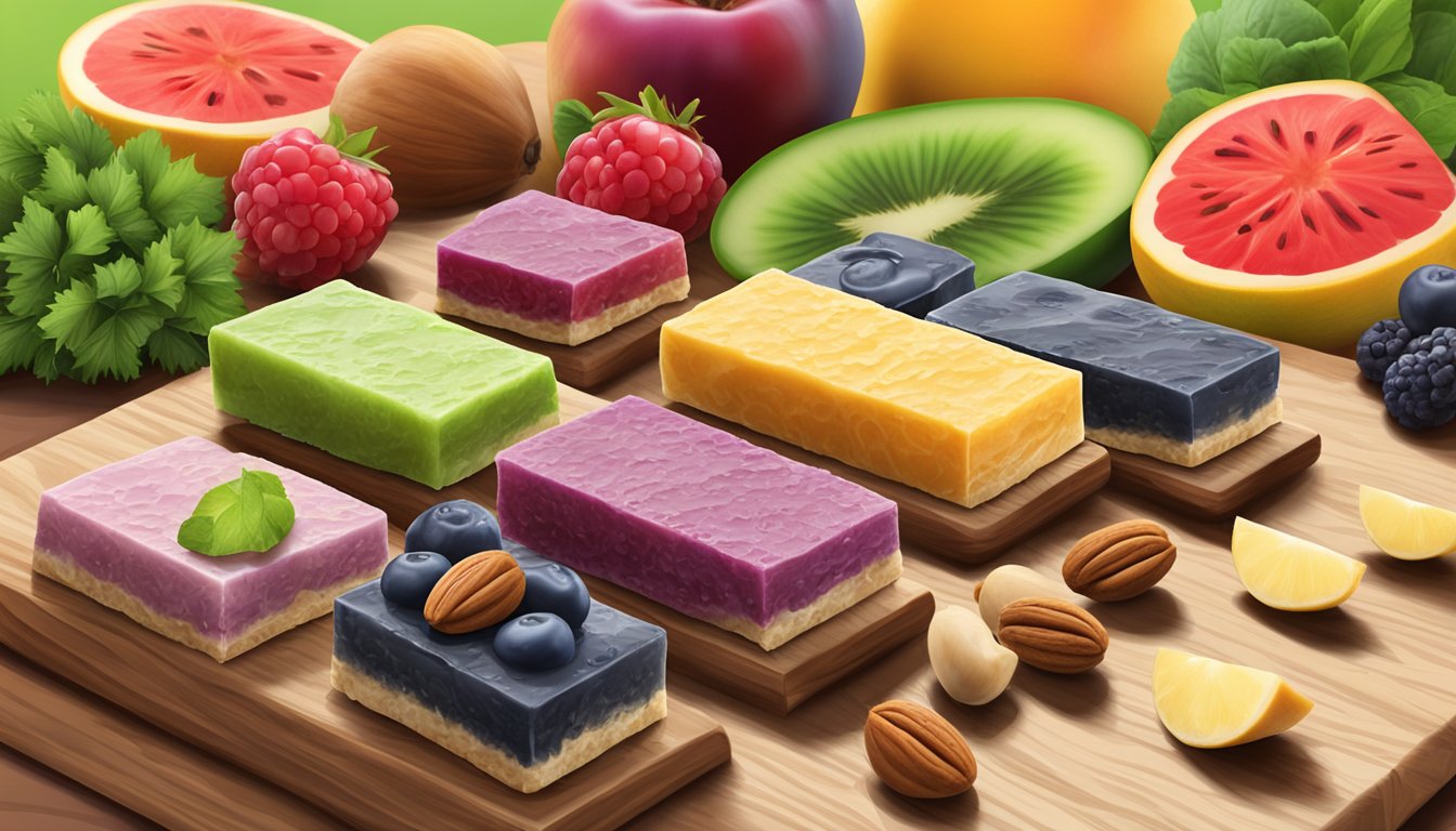 A colorful array of Protidiet high protein bars, surrounded by fresh fruits, vegetables, and nuts on a wooden cutting board