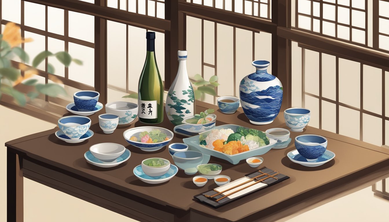 A table set with multiple sake cups, some empty and some full, surrounded by bottles of sake and traditional Japanese decor