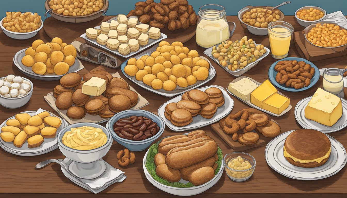 A table with a spread of Wisconsin's famous sweet treats and comfort foods, including cheese curds, brats, and custard