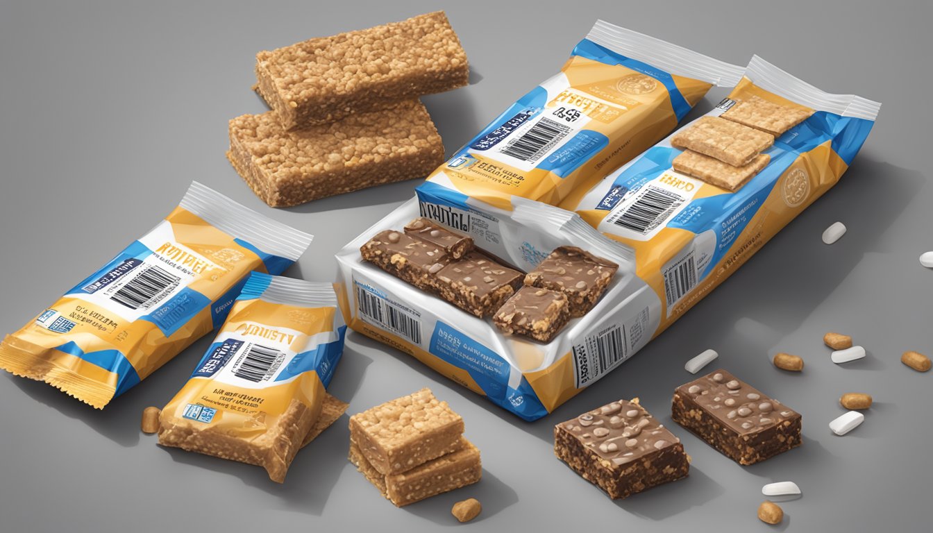 A table with an array of Protidiet high protein bars, some partially unwrapped, surrounded by empty wrappers and a discarded nutrition label