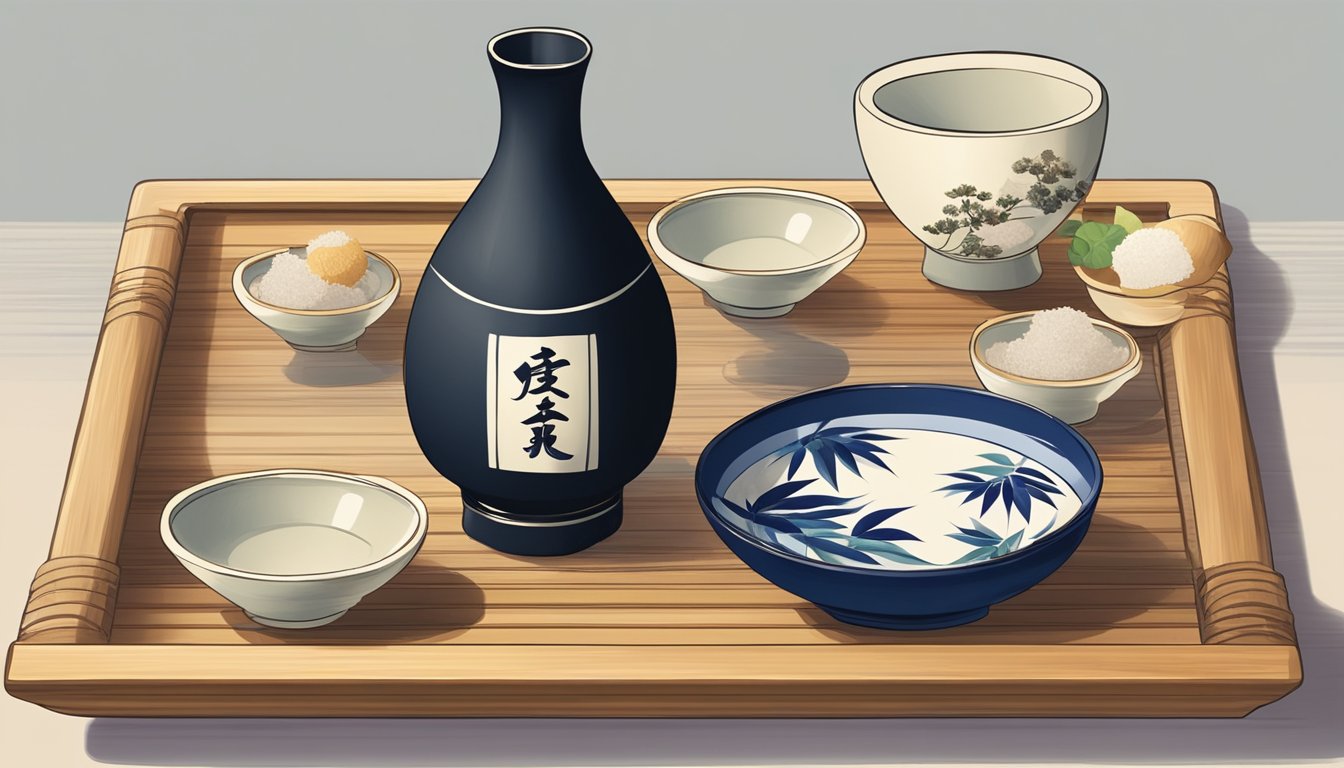 A traditional sake set with a tokkuri (sake flask) and small ochoko (sake cups) arranged on a bamboo tray, with a decorative sake bottle in the background