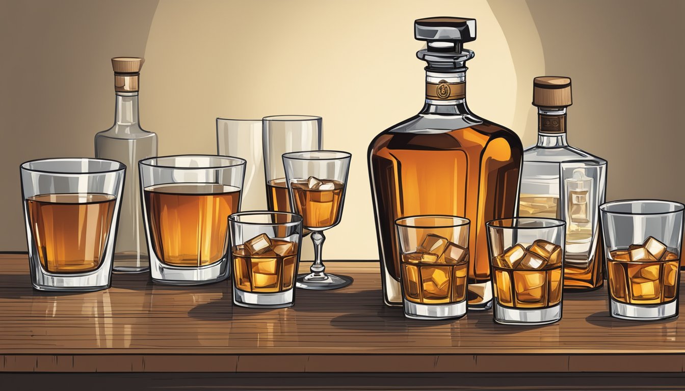 A table with multiple glasses of bourbon, some empty, some half-full, and some untouched