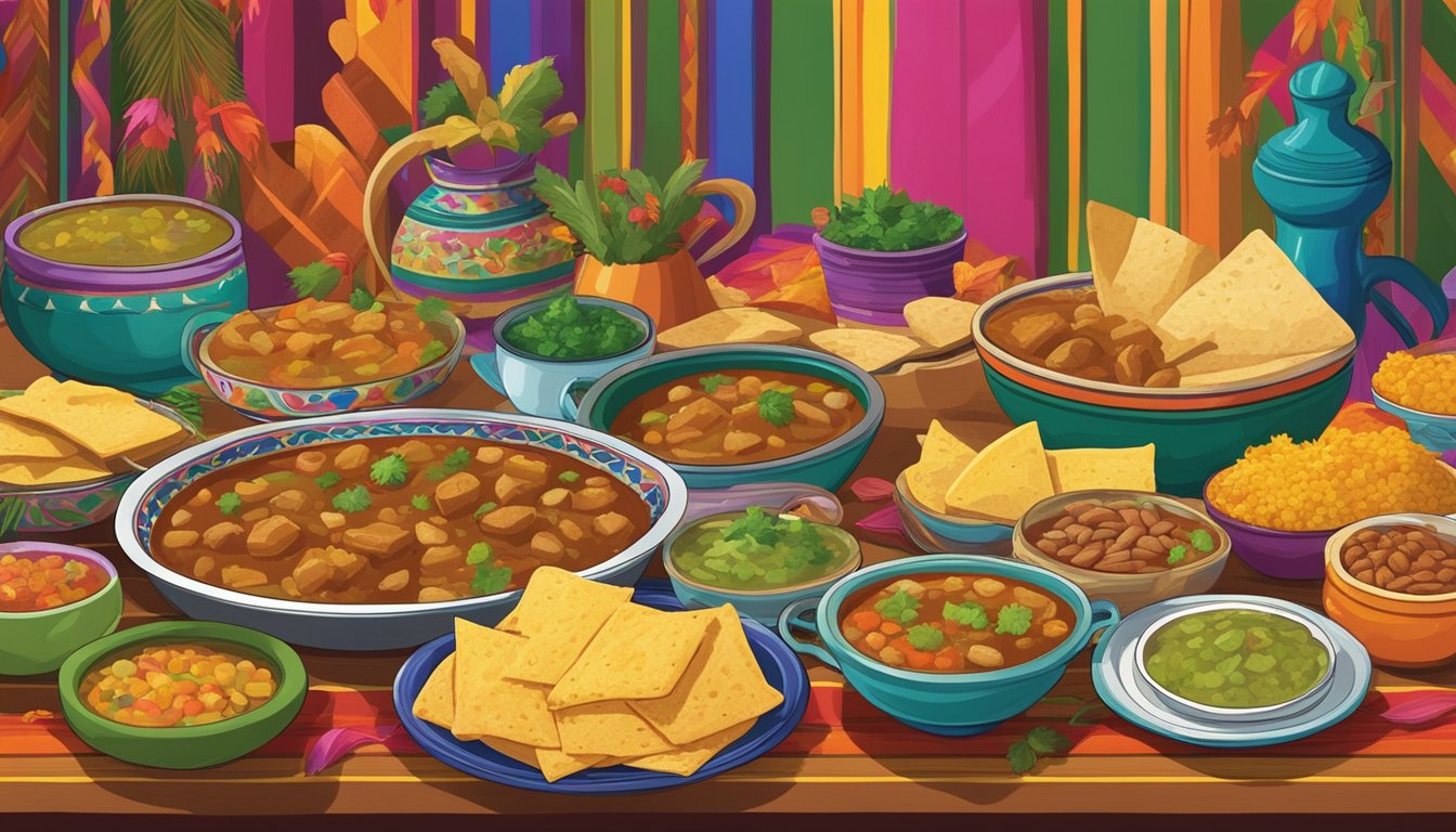 A table filled with traditional New Mexican cuisine, including green chile stew, posole, and biscochitos, surrounded by colorful decorations and festive music