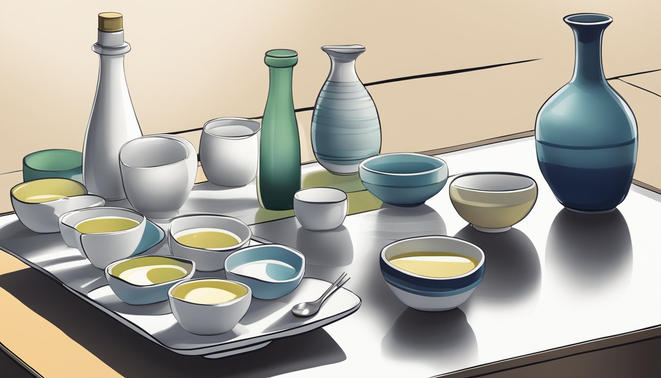 A table with multiple empty sake cups, a half-filled bottle, and a serene ambiance