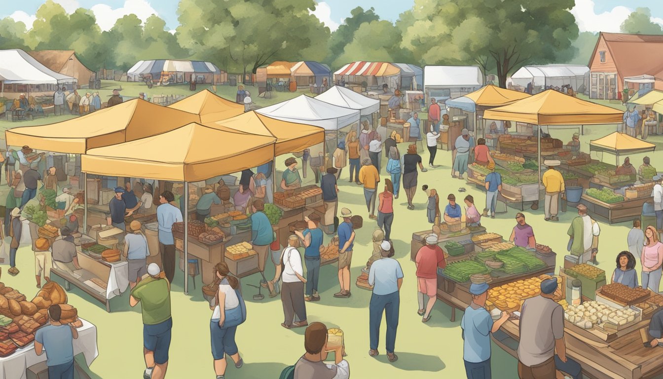 A bustling farmers' market with vendors selling cheese, bratwurst, and beer. People gather around picnic tables, enjoying live music and savoring local delicacies