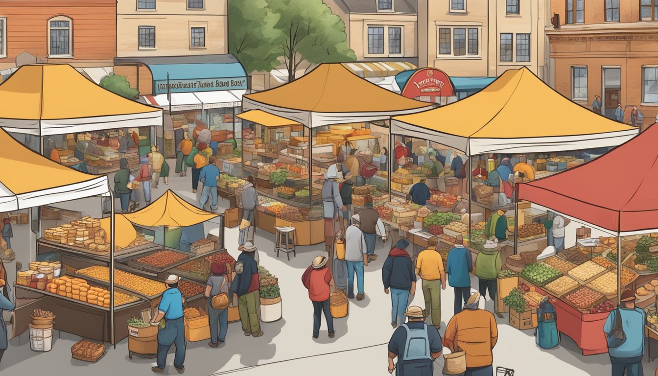 A bustling farmer's market with vendors selling cheese, bratwurst, cranberries, and craft beer, showcasing Wisconsin's food industry and innovations