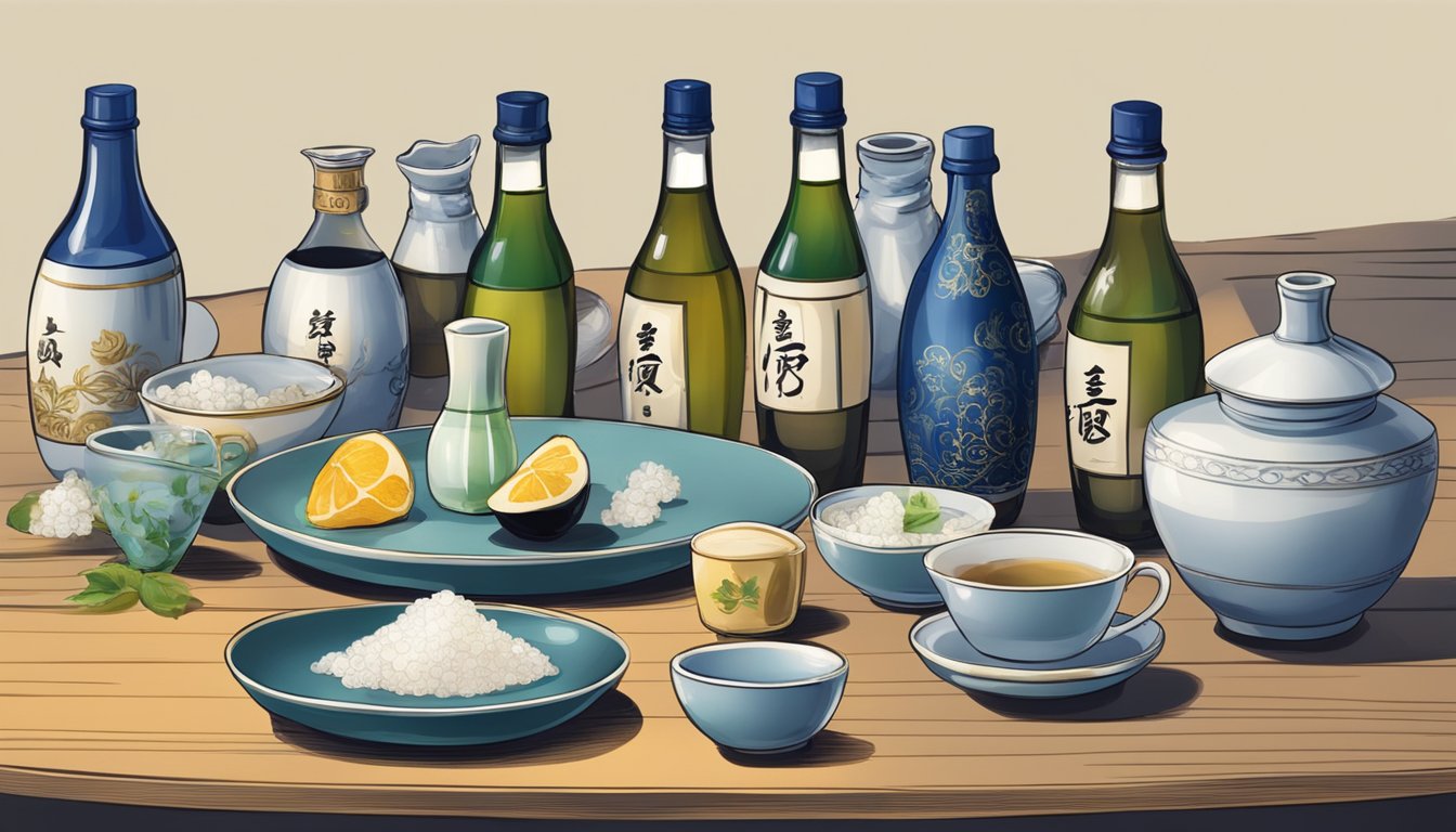 A table with various sake bottles and cups, one cup overflowing