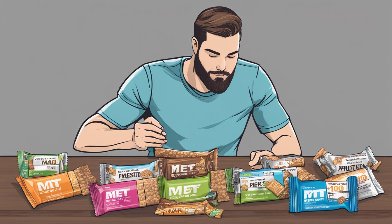 A table scattered with empty Met-Rx Big 100 protein bar wrappers, a half-eaten bar, and a concerned person checking the nutrition label