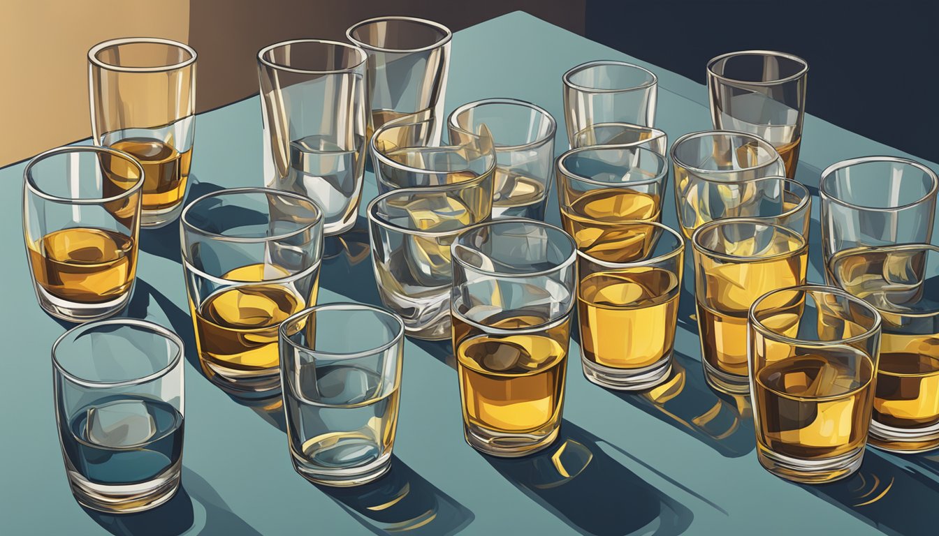 An array of empty scotch glasses scattered across a table, some overturned, with a half-empty bottle in the center