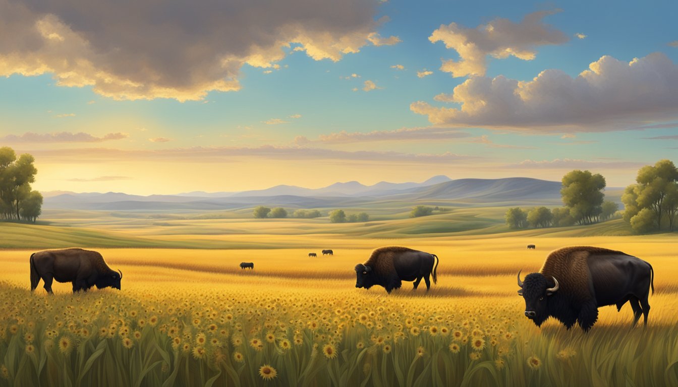 A prairie landscape with fields of wheat, corn, and sunflowers, alongside a ranch with grazing bison and cattle