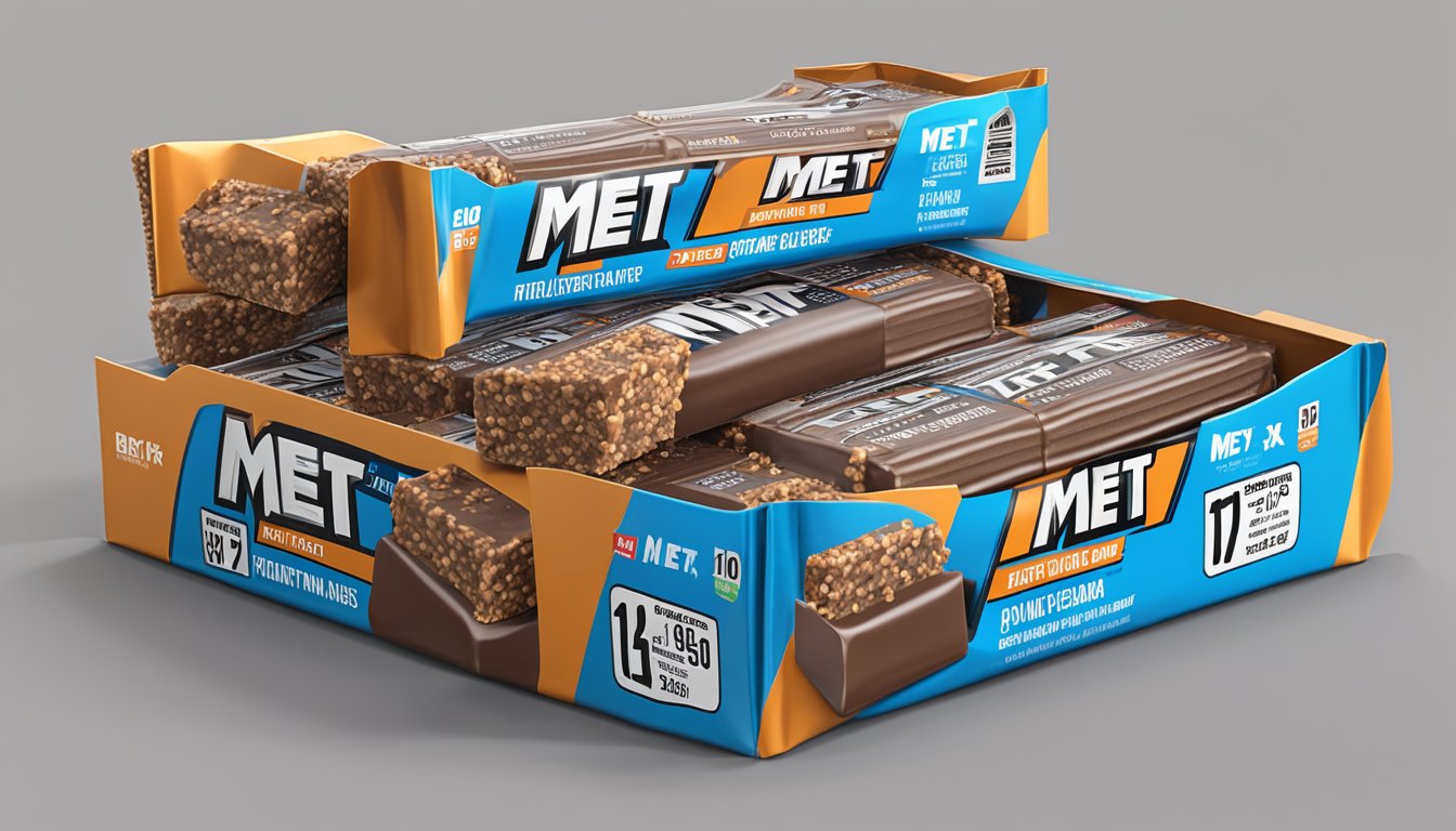 A pile of MET-Rx Big 100 Protein Bars stacked on a table, with a nutrition label visible