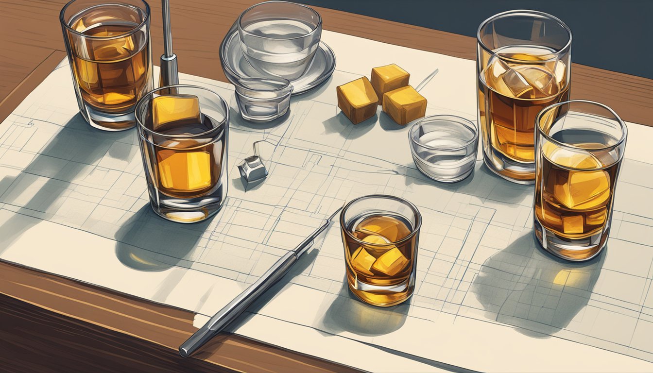 A table with multiple glasses of scotch, some empty, some full, and a measuring tool nearby