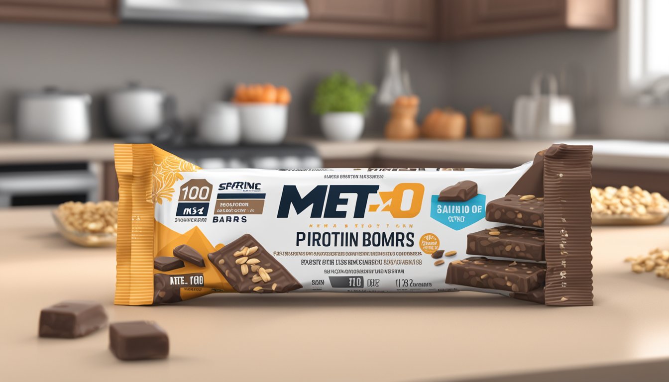 A pile of Met RX Big 100 protein bars sits on a kitchen counter, with a nutrition label showing serving sizes and consumption levels