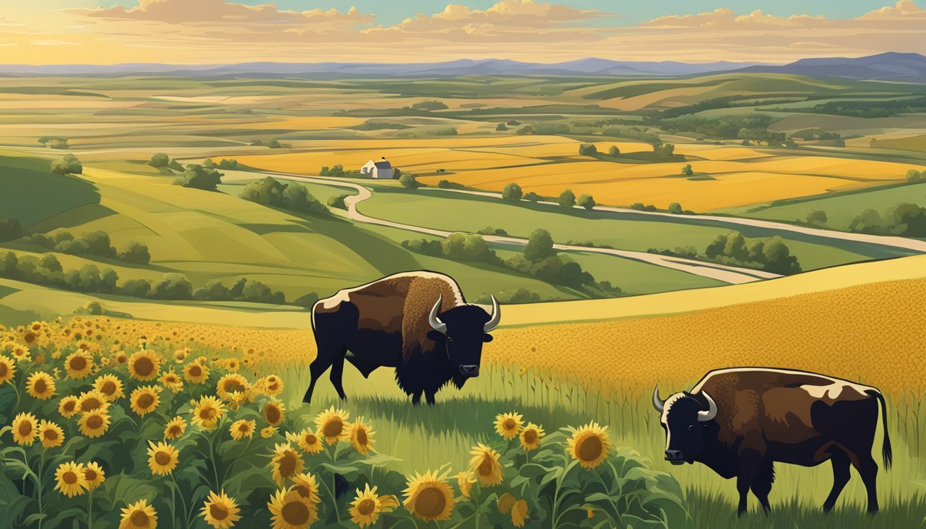 A sprawling North Dakota landscape with fields of wheat, sunflowers, and potatoes, alongside grazing bison and cattle