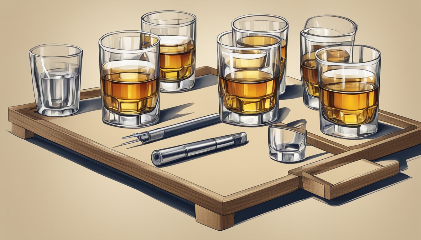 A table with multiple glasses of scotch, some empty and some full, alongside a measuring tool for servings