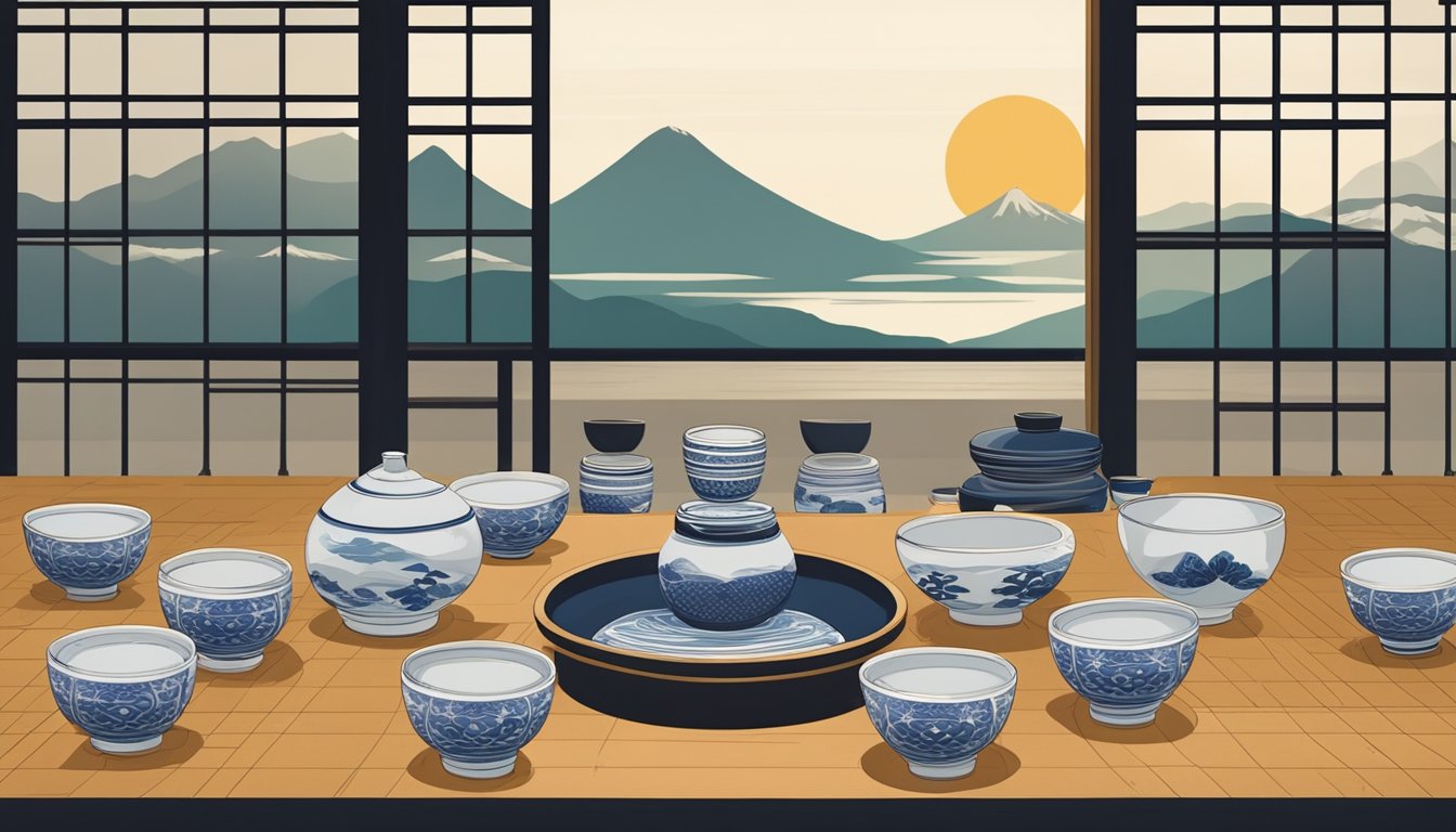 A table set with multiple sake cups, some empty and some full, surrounded by traditional Japanese decor