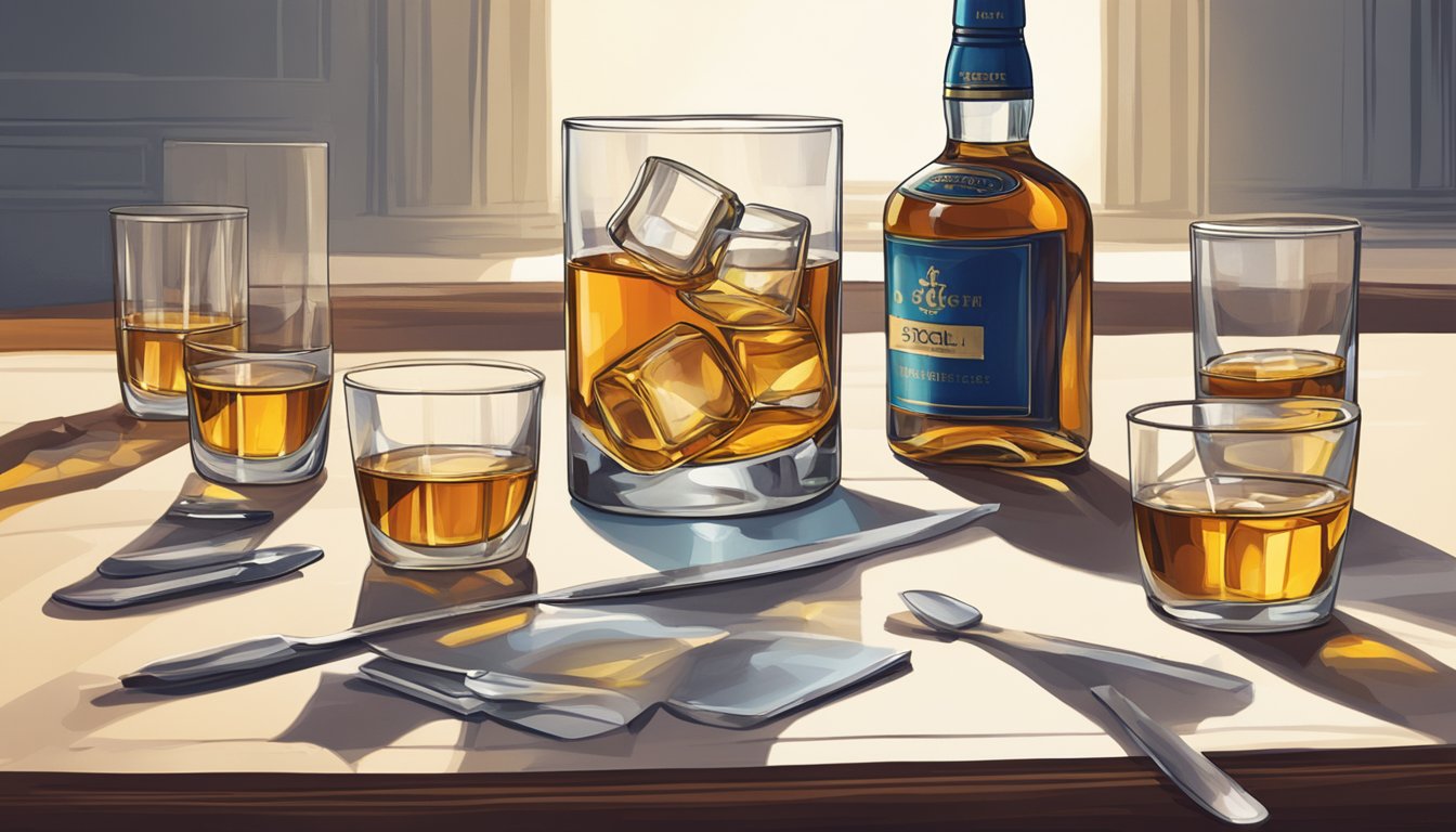 A table with multiple empty scotch glasses, one filled to the brim. A bottle of scotch sits nearby