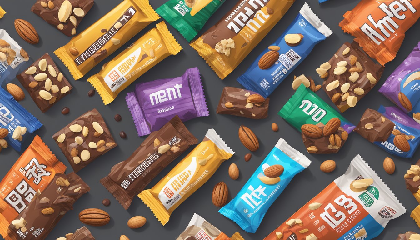 A table stacked with multiple open and partially eaten MET-Rx Big 100 protein bars, surrounded by empty wrappers and scattered unique ingredients like nuts, chocolate, and fruit