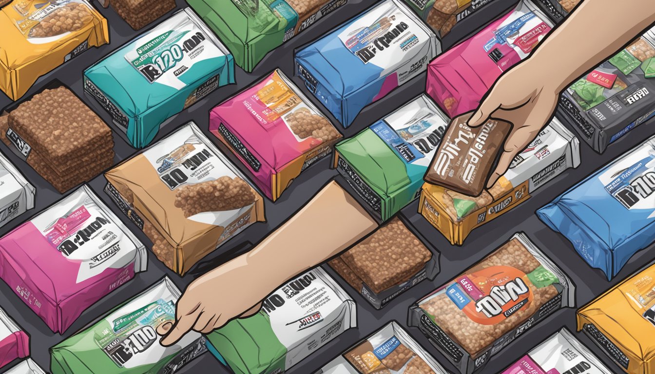 A person's hand reaching for a stack of MET-Rx Big 100 protein bars, with several empty wrappers nearby