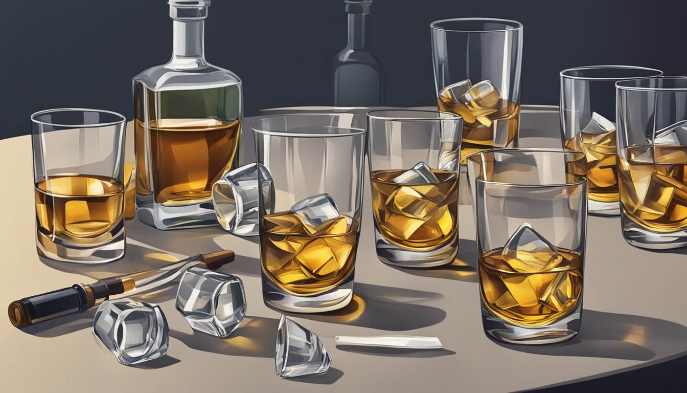 A table with multiple empty scotch glasses scattered about, some tipped over, with a bottle of scotch in the background