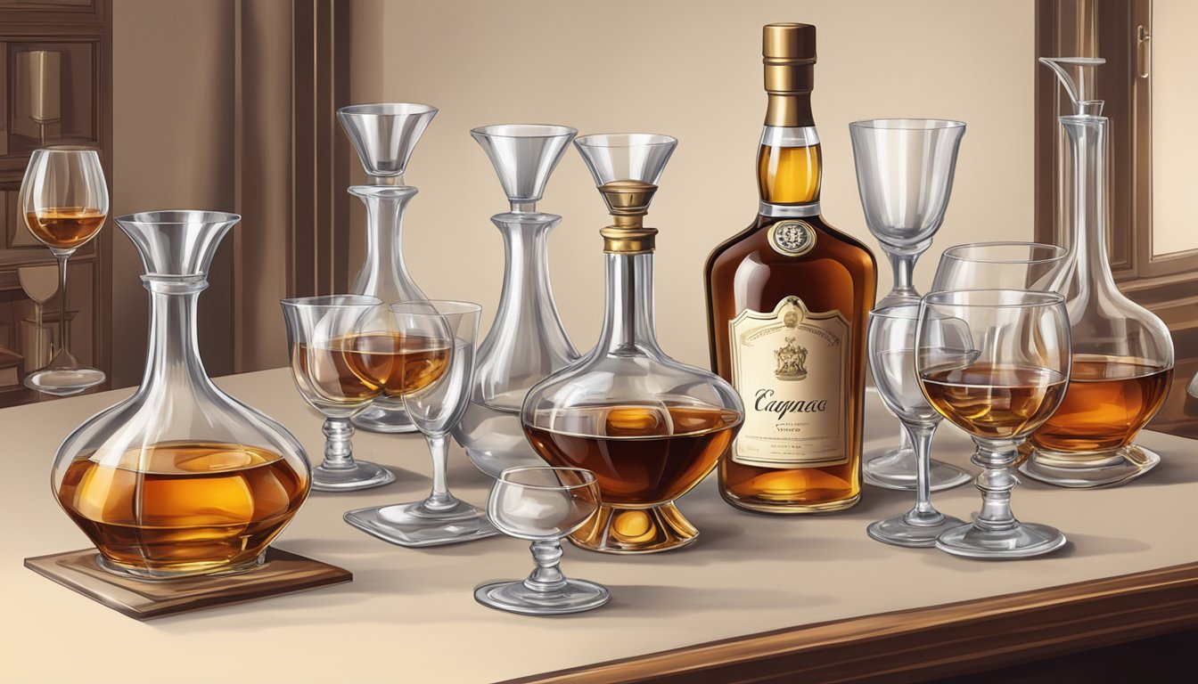 A table with multiple glasses of cognac, some empty and some partially filled, surrounded by bottles of cognac and elegant glassware