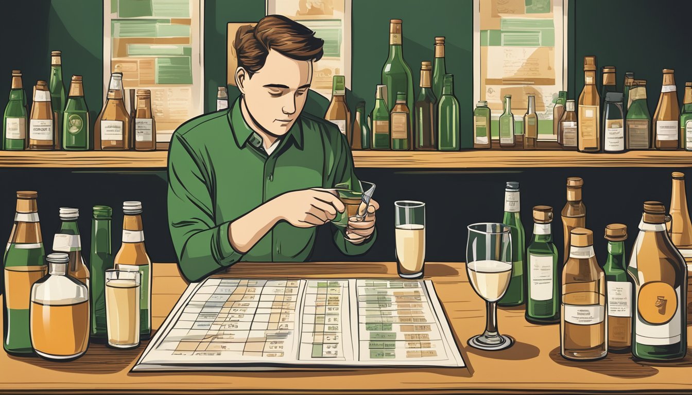 A table with multiple empty glasses of Irish cream, surrounded by empty bottles and a concerned person checking a nutritional profile chart