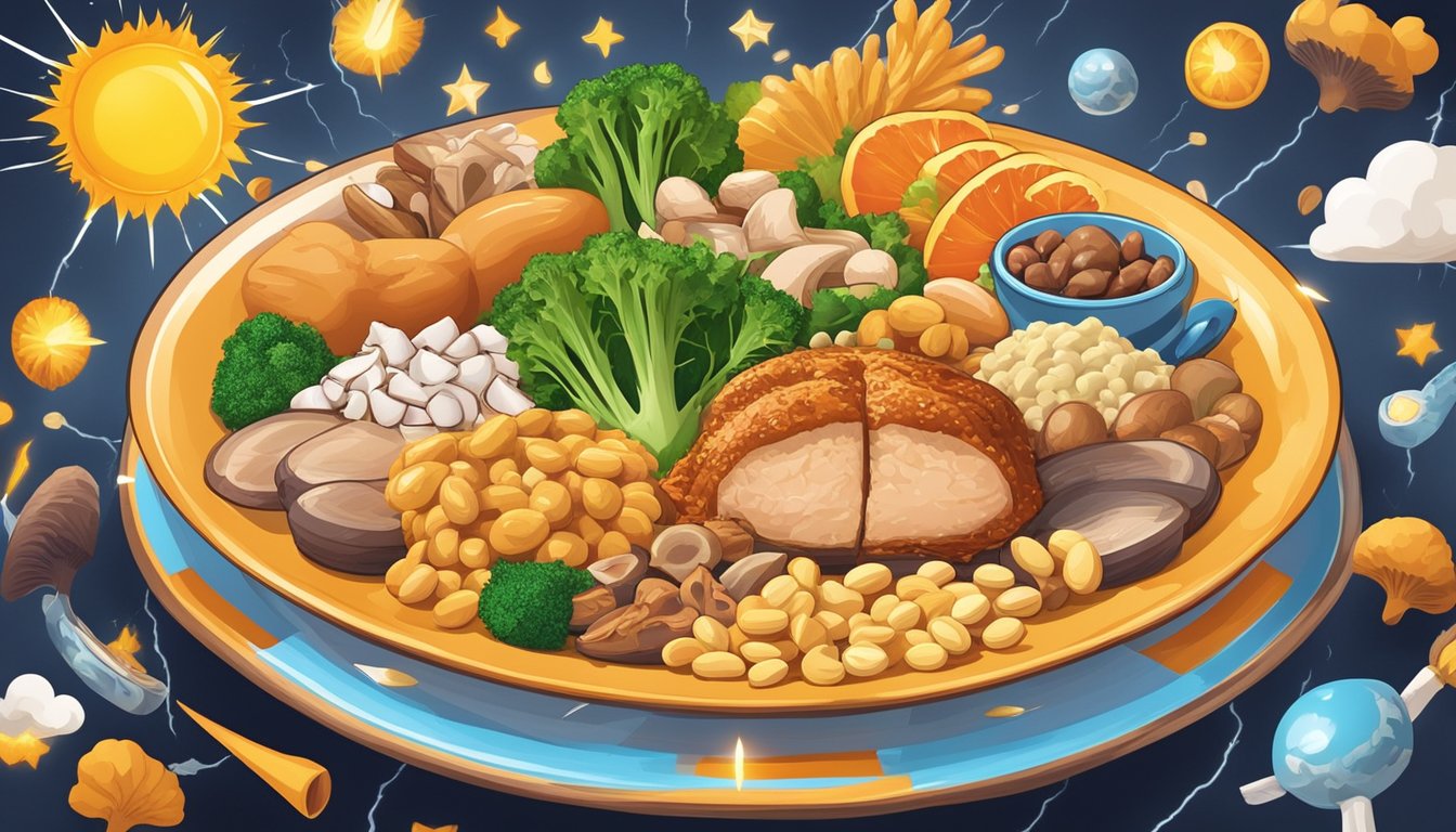 A colorful plate filled with niacin-rich foods like chicken, tuna, peanuts, and mushrooms, surrounded by energetic symbols like lightning bolts and sun rays