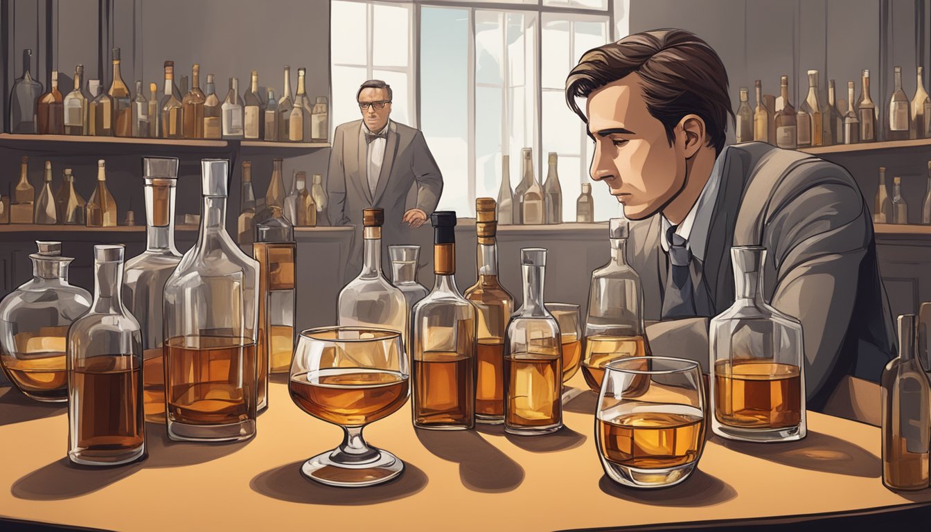 A table with multiple glasses of cognac, some empty and some full, surrounded by scattered bottles and a concerned person looking at them