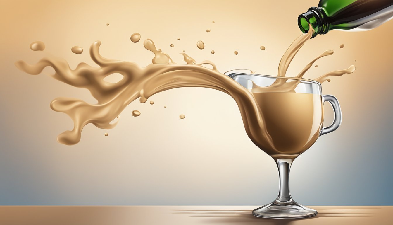 A bottle of Irish cream pouring endlessly into a glass, overflowing