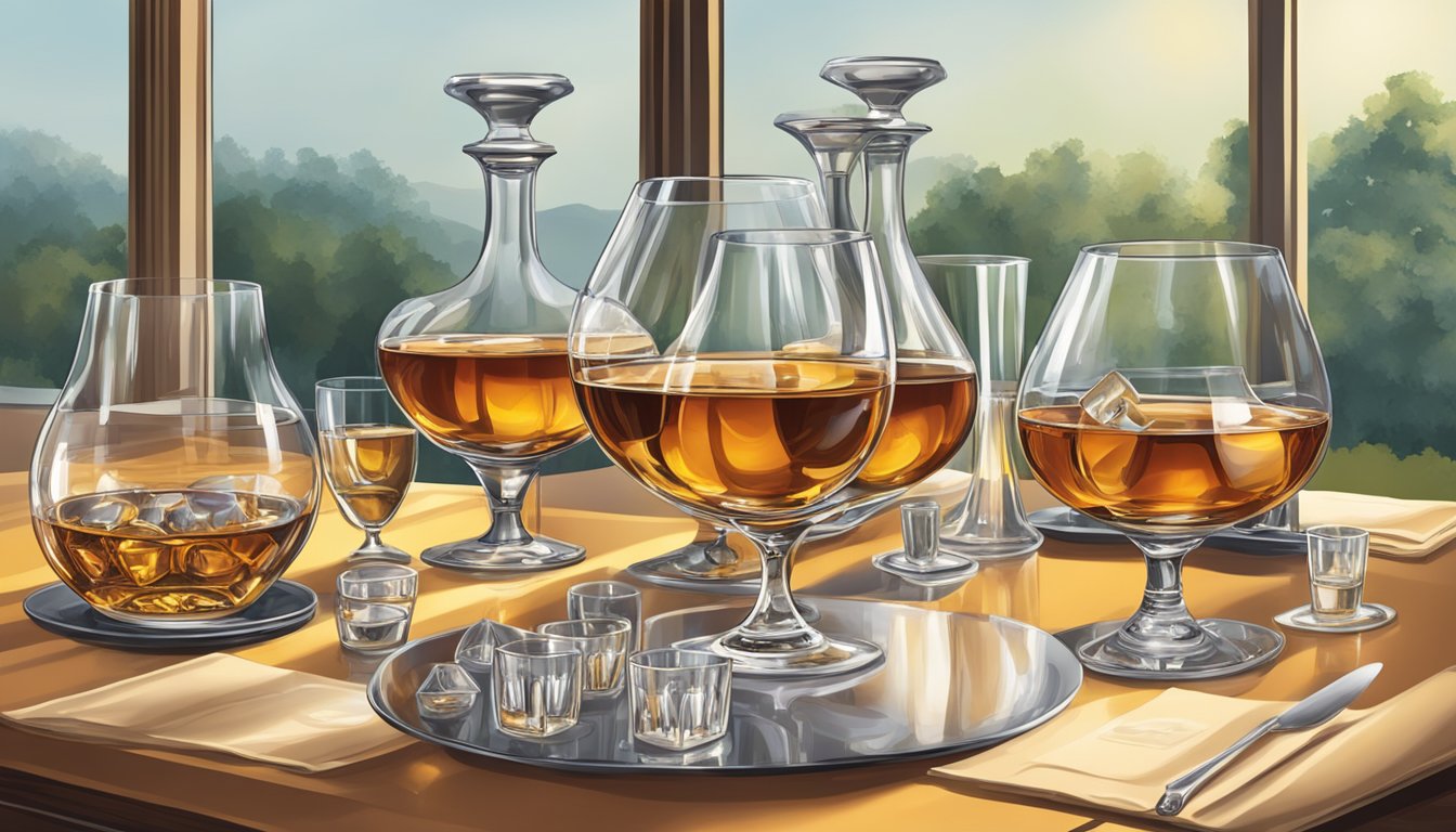 A table set with multiple glasses of cognac, some empty, some full, surrounded by elegant decanters and a warm, inviting atmosphere