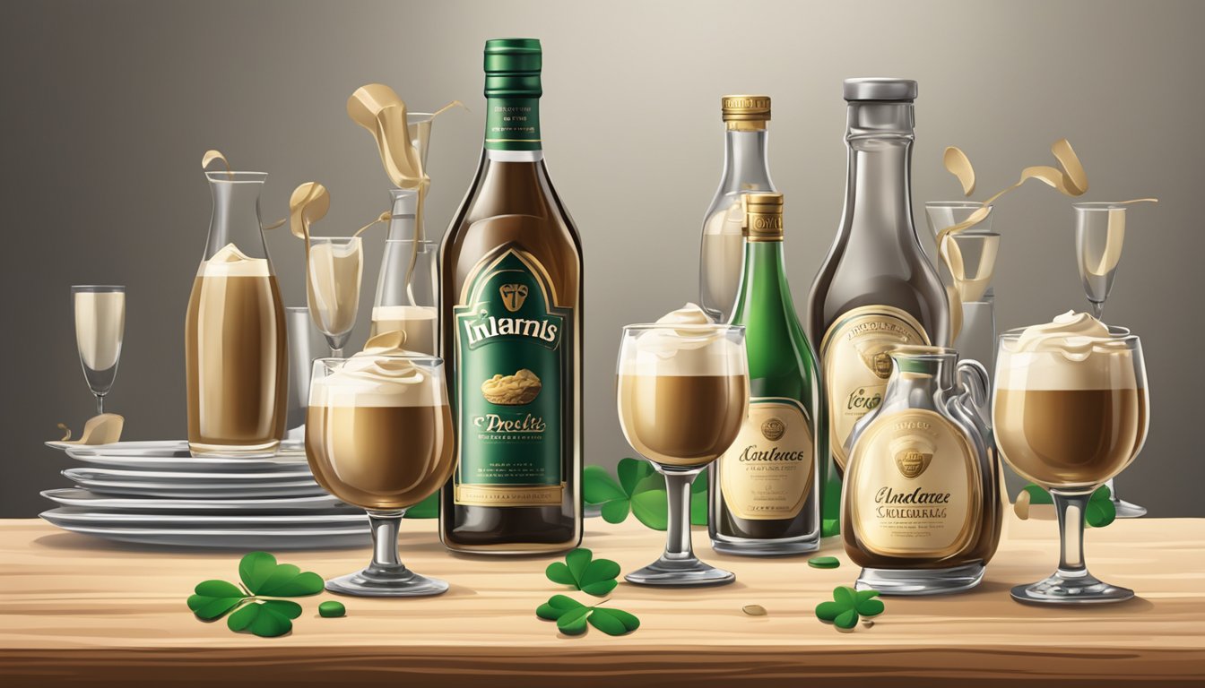 A table with multiple empty Irish cream bottles and overflowing glasses