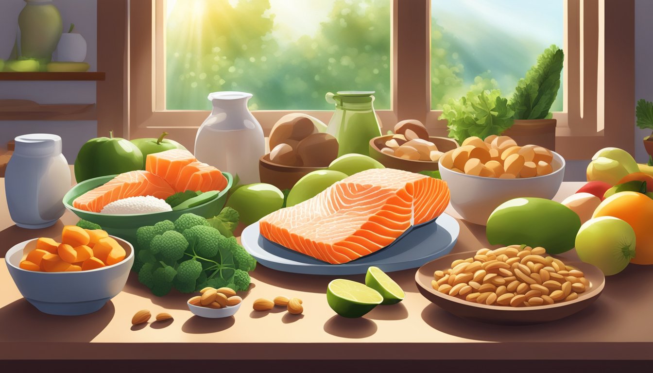 A variety of niacin-rich foods such as salmon, chicken, and peanuts are arranged on a vibrant, fresh produce-filled table, with beams of sunlight streaming in through a nearby window, highlighting the energy-boosting potential of incorporating niacin into one's diet