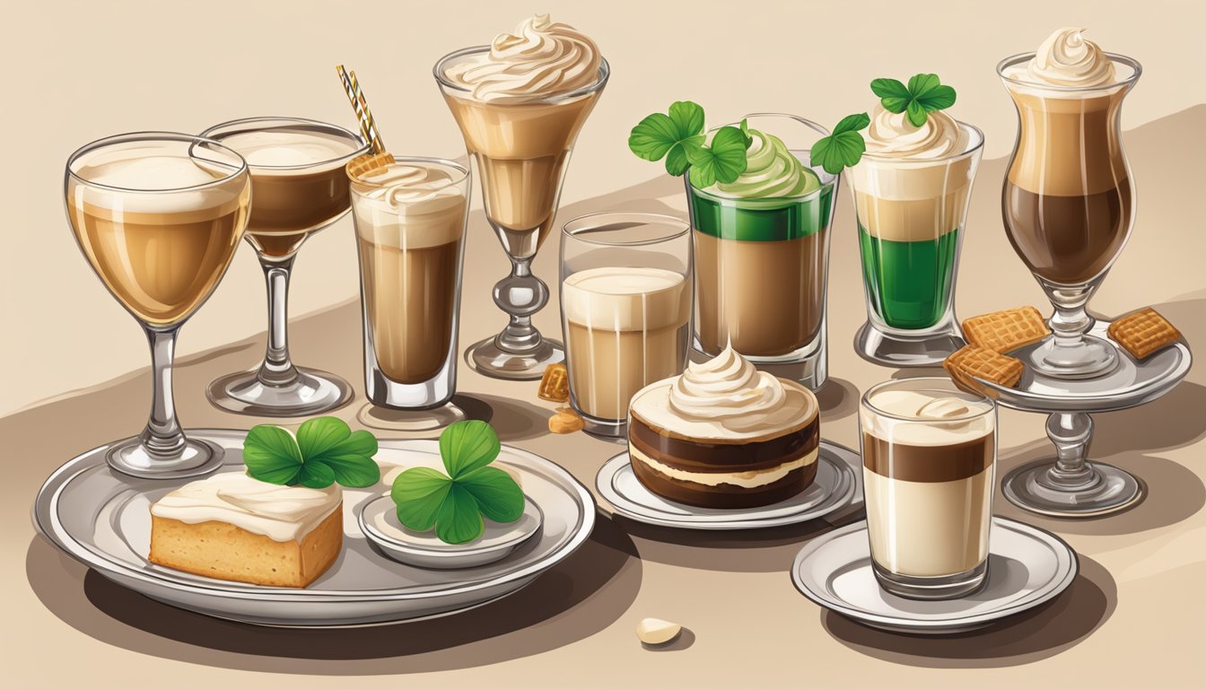 A table with various dishes and drinks, including a decadent Irish cream dessert and several glasses of Irish cream cocktails