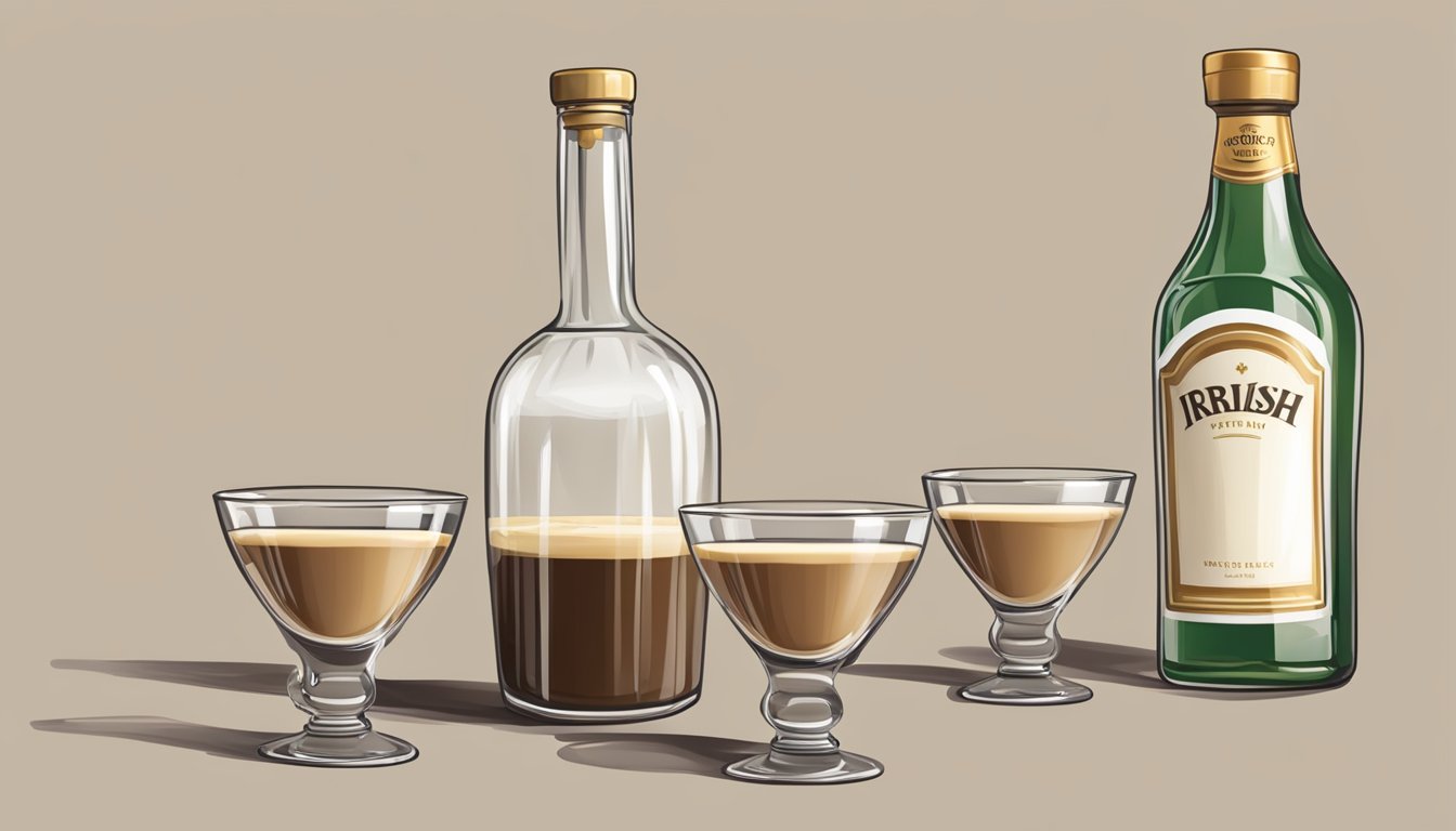 A table with a bottle of Irish cream, a glass, and a measuring cup. A small amount poured into the glass