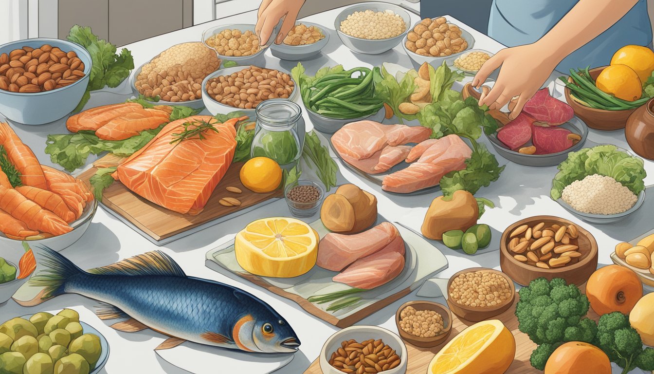 A vibrant array of niacin-rich foods, such as fish, poultry, and nuts, are displayed on a kitchen counter, surrounded by images of active individuals engaged in various energy-producing activities