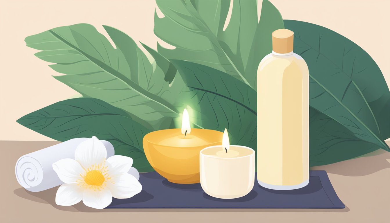 A bottle of pantothenic acid supplements next to a stress relief candle and a yoga mat, surrounded by calming greenery